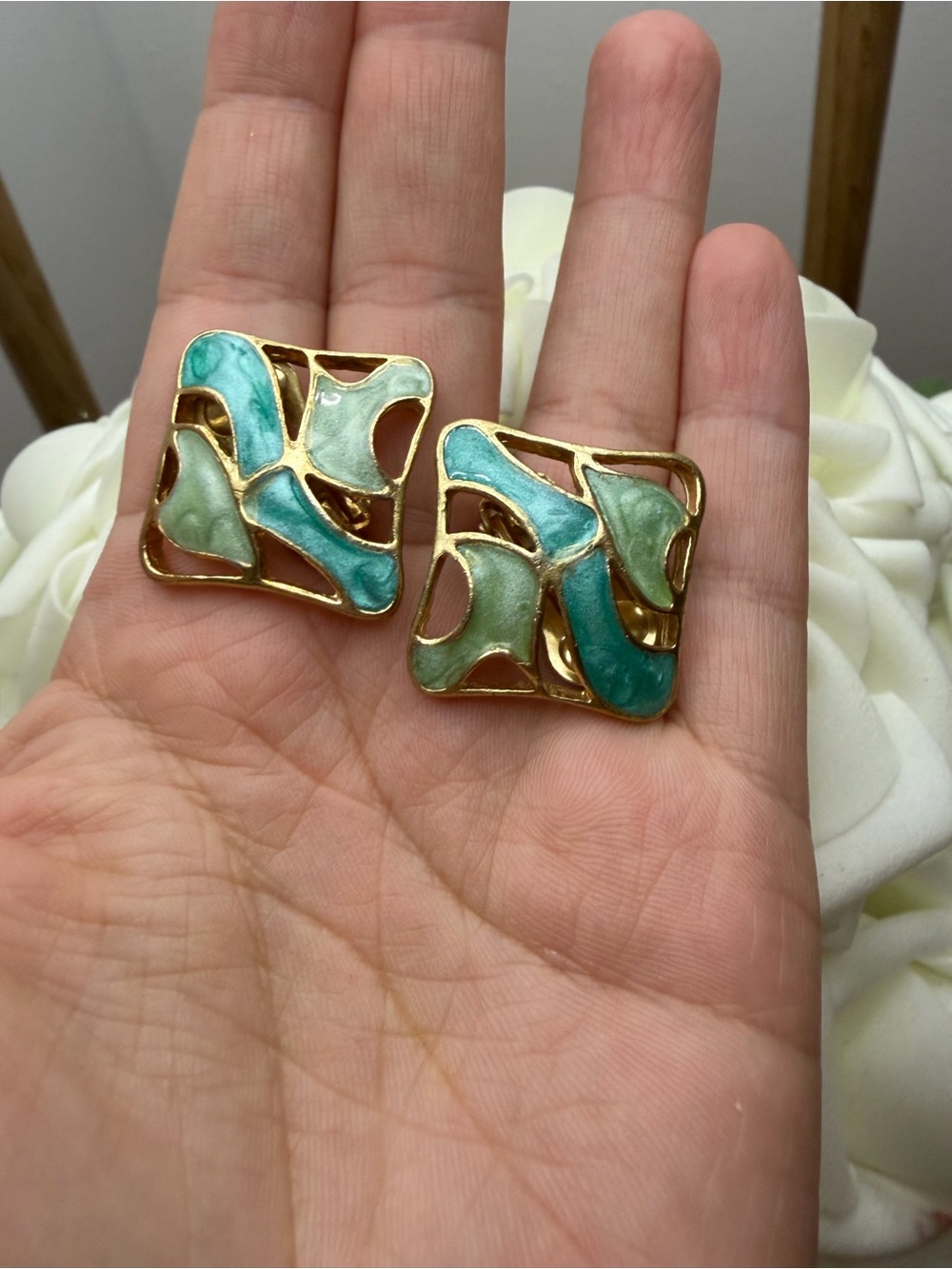 Flexi Gold-Tone Square Clip Earrings with Aqua and Mint Enamel